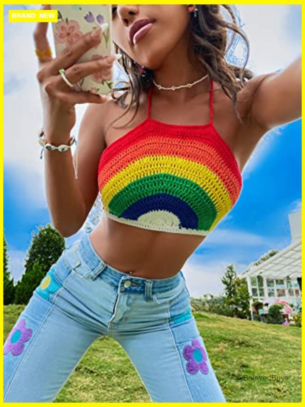 Backless Rainbow Striped Halter Tie Knit Crop Top Sleeveless Summer Cami - Picture 3 of 6